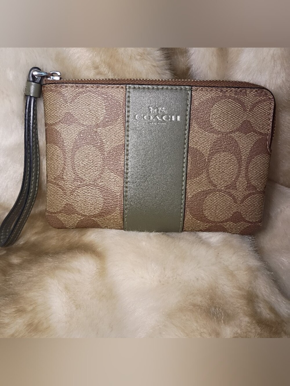 Coach Brown Signature Canvas Wristlet with Olive Stripe